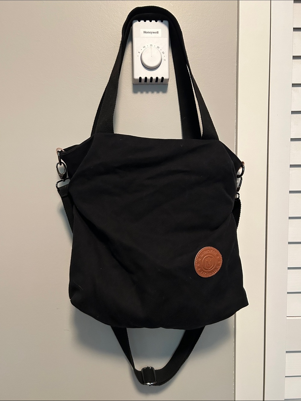 Black Canvas Shoulder Tote with Leather Logo Accent